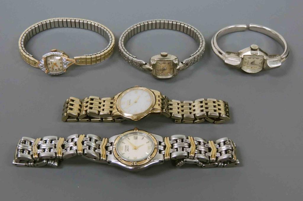 5 Ladies' Watches: Hamilton, Citizen (no back), Benrus, Citizen & Bulova