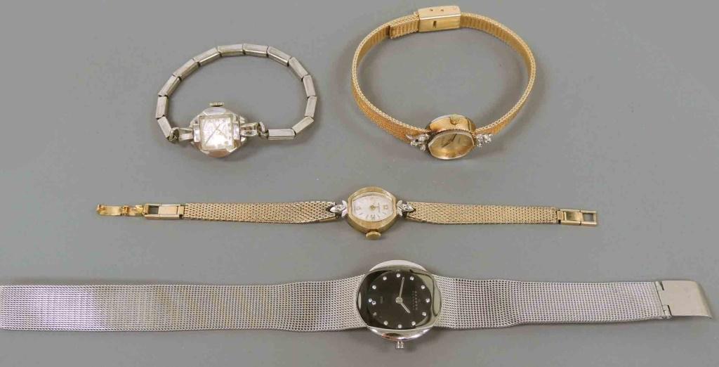 4 Ladies' Watches: Benrus, Carol (cracked crystal), Wittnauer, Skagen