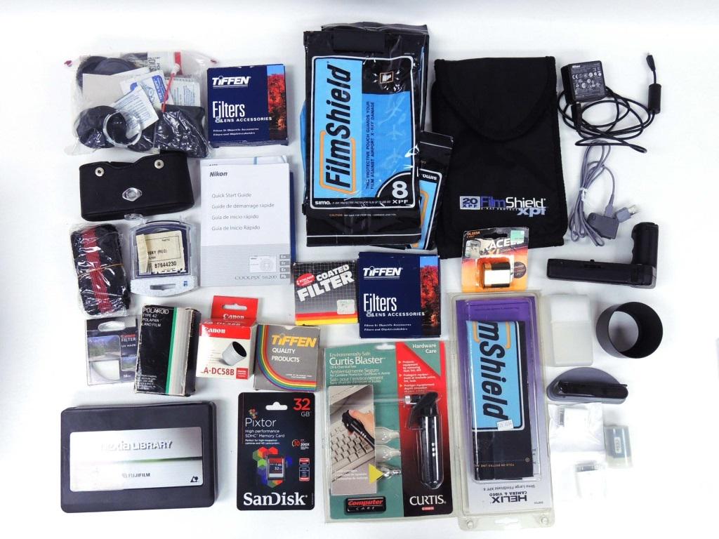 Camera Lot, Including Nikon, Pentax, Canon: Polaroid 110A, Nikon Coolpix S6200, Nikon Coolpix S9100, Canon 35-135 AF Zoom, Sony Cybershot, Pentax Speed Winder, Books, Film, Accessories, Camera Case