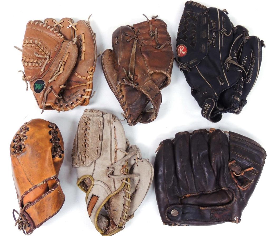 6 Baseball Gloves: Includes black Rawlings, dark brown Rawlings, light brown Ted Williams (Sears, Roebuck)