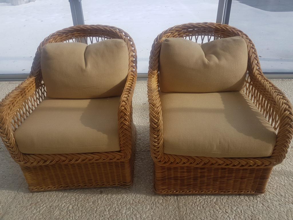 Outdoor Wicker Furniture Couches, Chairs, and: Bench - Excellent Condition 2 Couches, bench and 4 chairs, and all of the cushions and most of the pillows shown. Everything is clean. No odors, no pet hair or noted stains. Bench - 55 x 24d x 40h