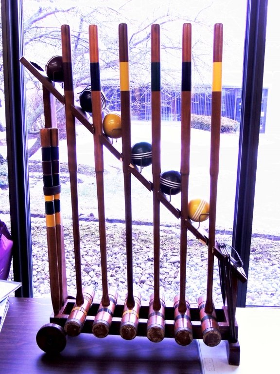 Croquet Set With Rack - Restoration Hardware: Appears complete, some minor chipping in wood. LOCAL PICK UP ONLY
