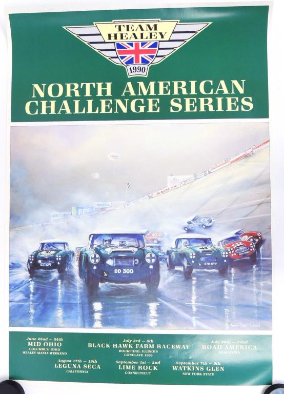 Austin Healey Team Healey Poster & Tie Bar: Austin Healey - Team Healey - 1990 North American Challenge Series Poster 24 x 34 1/2 John Chatham, Steve Bicknell, David Long By Andrew Burns Calwill. British Race Cars.