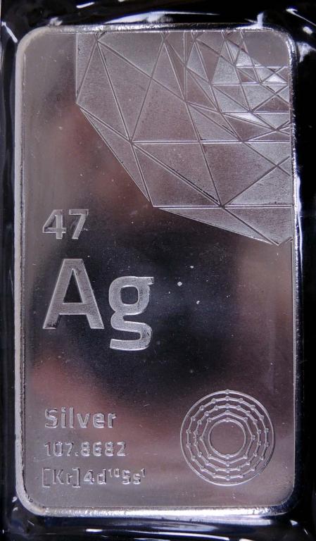 Elemental Direct 10ozt silver bar: 10 troy ounce bar of 0.999 fine silver from Elemental Direct. Front design features the Periodic Table information for silver including electron configuration, atomic mass, and atomic number. Check ou