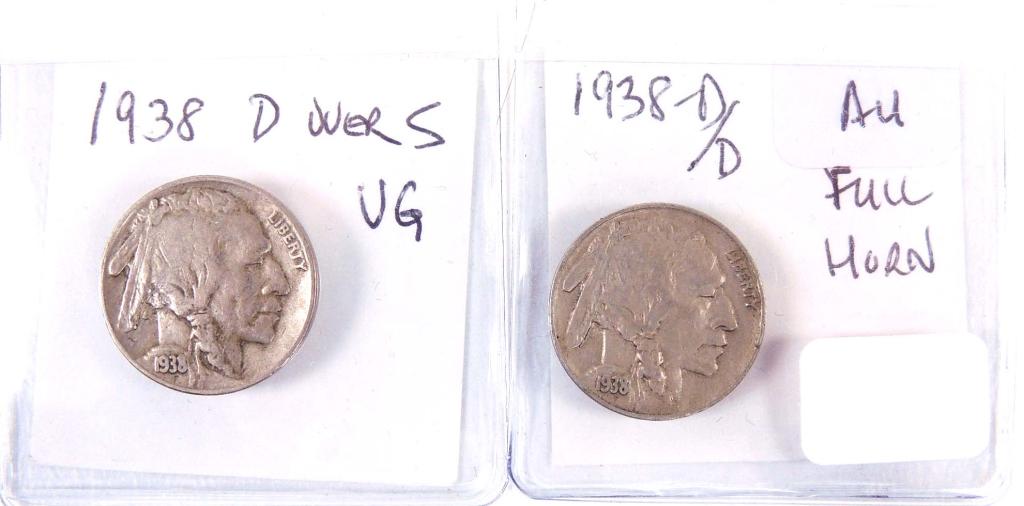 1938 d/d and 1938 d/s Buffalo nickels (2): 2 Buffalo nickels: 1938 "d over d" mintmark error, and 1938 "d over s" mint mark error.