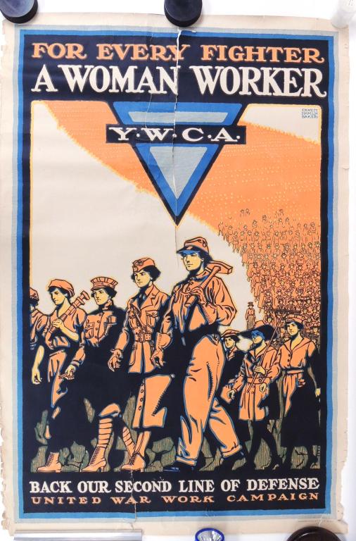 WWI Poster - United War Work Campaign: For Every Fighter A Woman Worker. Orange, Yellow, Green, Blue, Black. United States Prig A Lith Co. NY. Ernest Hamlin Baker 28x42"