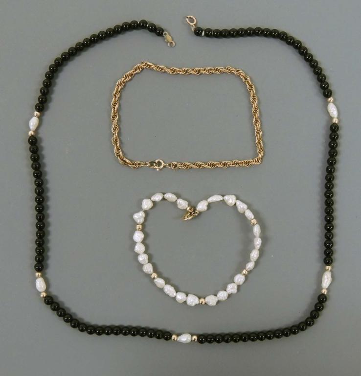 Jewelry - 3 pieces: Rope Chain Bracelet marked 14k - tests at 10k; Black Bead/14k Bead (tested), broken catch; Freshwater Pearl & 14k (tested) bracelet