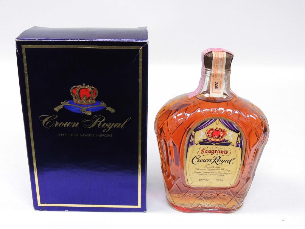 Crown Royal 1970 with Box: 750 ml 80 proof. Please talk to Ian before bidding on bottles, if you may need shipping.