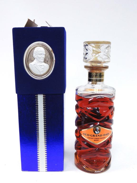 Old Grand Dad Whiskey Decanter: 4-Year. 1965-69. With Box. 100 proof. Bottled in Bond. Please talk to Ian before bidding on bottles, if you may need shipping.