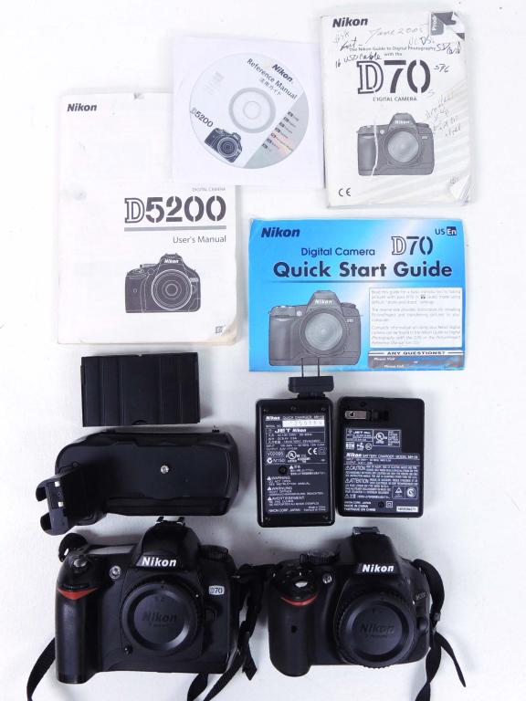 2 Nikon Camera bodies: Nikon D70 & D5200 w/Books and chargers and extra batteries. Untested. CORRECTED 3/3