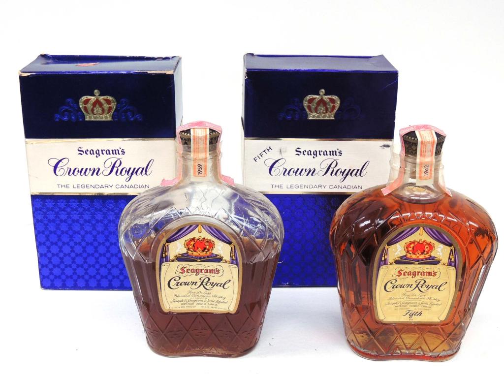 2 Crown Royal Bottles: 1962 Sealed With Bag and Box; 1959 Sealed, cloudy/low fill