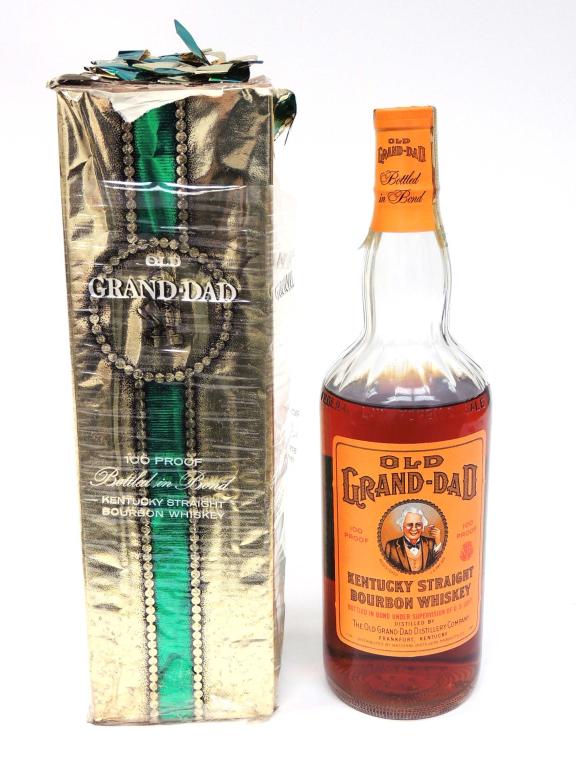 Old Grand Dad Whiskey Bottle w/ Box, 1959 - 1963: 100 Proof, 4 Year Bottled + Bond