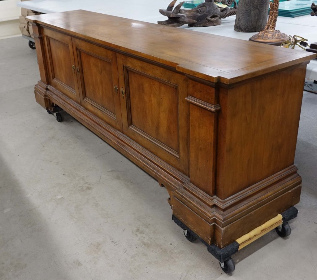 Baker Side Board / Credenza: Baker #3907. with 2 keys. 82.5" x 19 x 26.75". 3 sections. 2 with shelves, 1 with 2 drawers. LOCAL PICK UP ONLY.