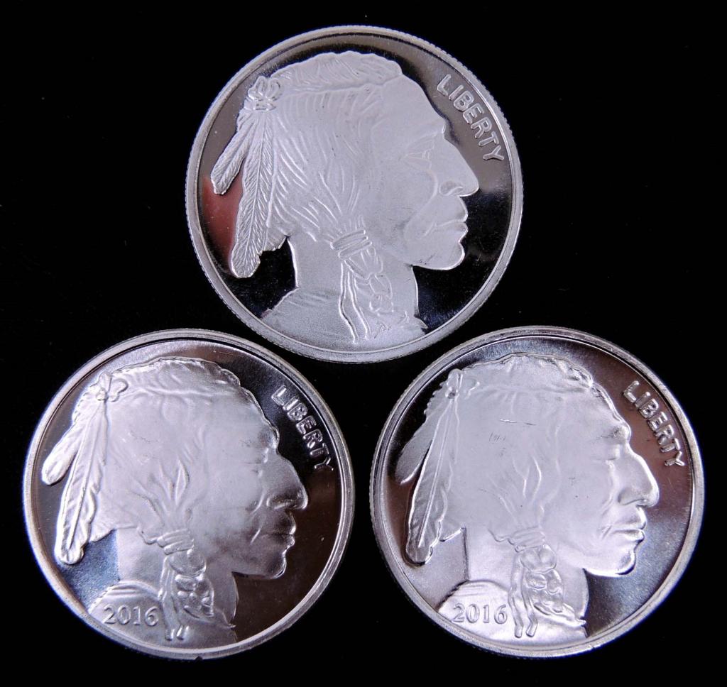 Buffalo Silver Rounds (3): 3 Buffalo/Native American Silver Rounds. Each coin is 1 troy ounce of 0.999 fine silver. 3 coins total.