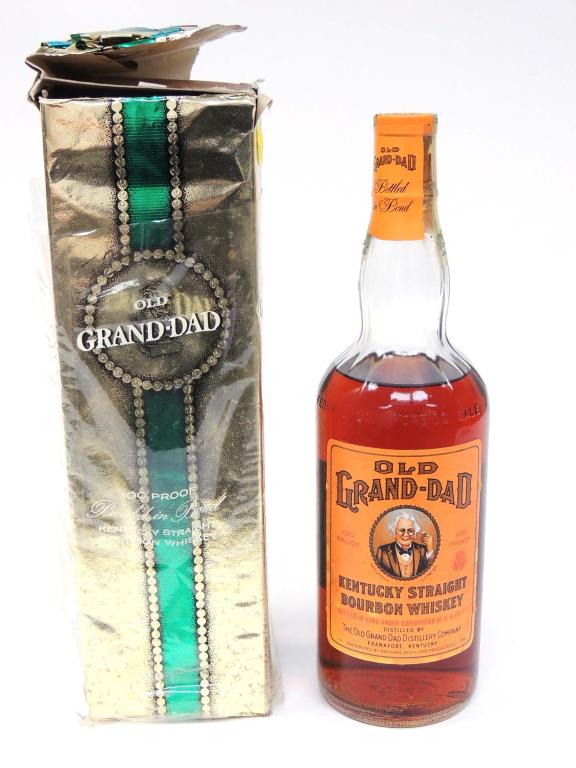 Bottle: Old Grand Dad Whiskey: 100 Proof, Bottled in Bond, 1959-1963, 4 year Bottled, In Box. Sealed.