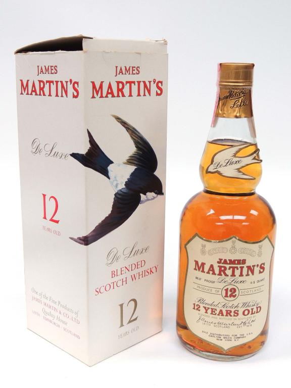 Bottle: James Martin's Blended Scotch Whiskey: Deluxe 12 year old 86.8 proof, sealed in box.