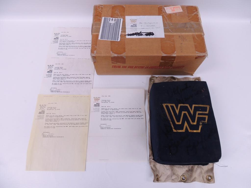 WWF Pro Wrestling Signed Turnbuckle - MSG: 1991 Madison Square Garden signed Turnbuckle, from WWF, in WWF box with WWF COA. Autographs: Nasty Boys, Burt "Hitman" Hart, Sean Mooney and more.