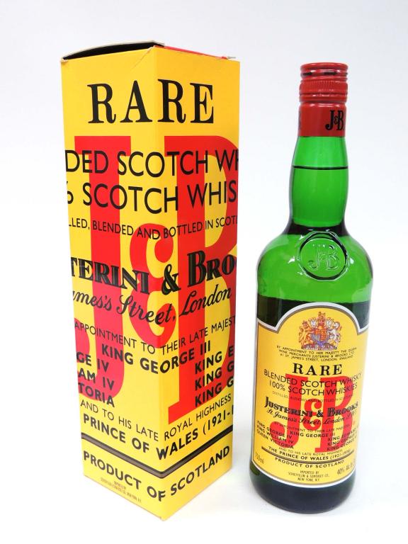 Bottle: J&B Blended Scotch Whiskey: in box, 750 ml, 40%, sealed.
