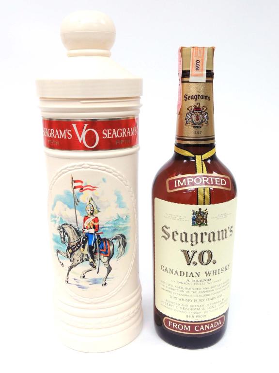 Bottle: Seagram's V.O. Canadian Whiskey: Screw-top canister, sealed. 86.8 proof, 4/5 quart. 1970.