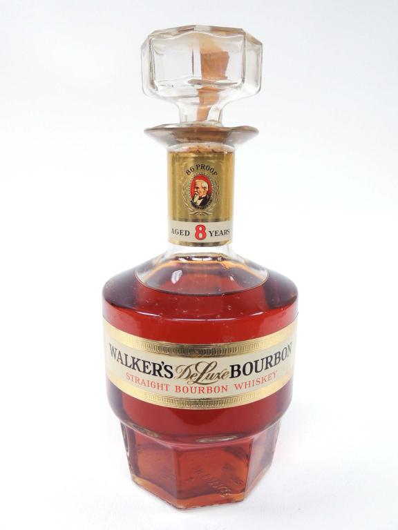 Bottle: Walker's Deluxe Bourbon Whiskey: 86 proof, 8-year, 1972, 4/5. Decanter, sealed.