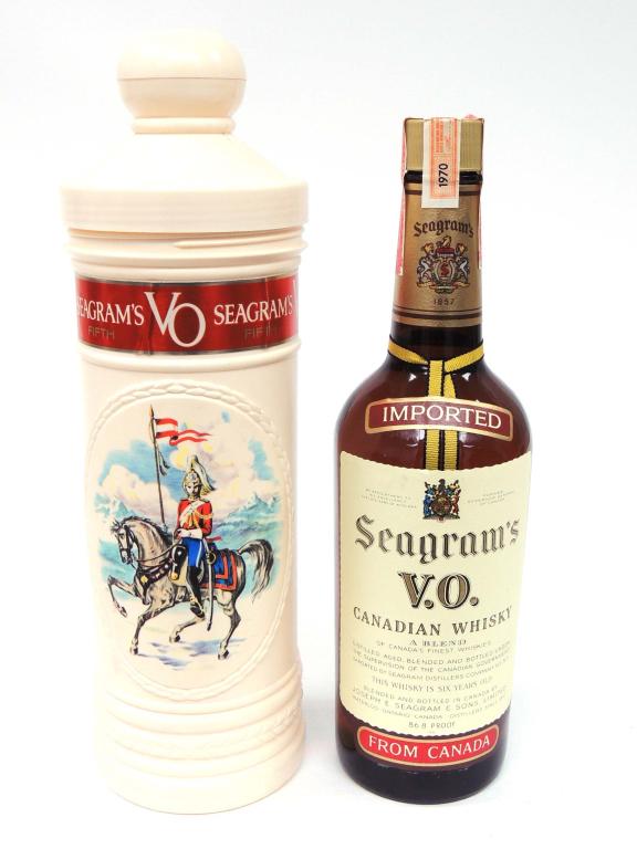 Bottle: Seagram's V.O. Canadian Whiskey: 1970, 86.8 proof, 4/5 quart, sealed with canister.