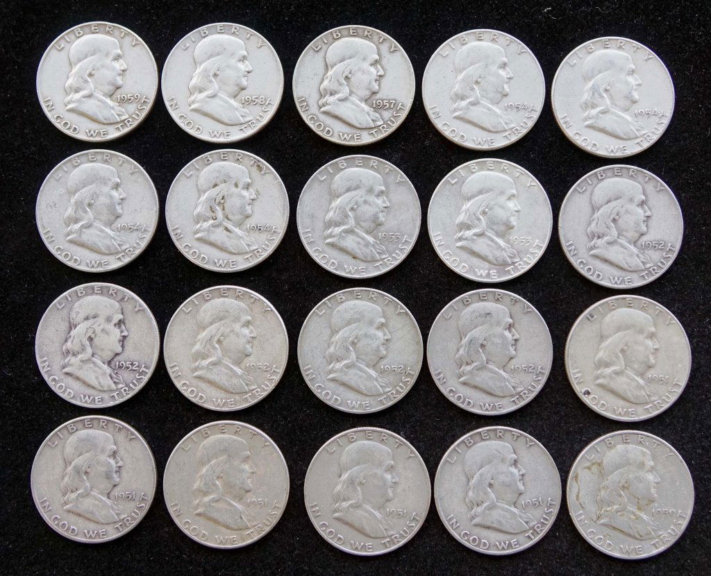 20 Franklin Silver Half Dollars: $10 F.V. 1950 - 1959 - Assorted dates and Mint Marks