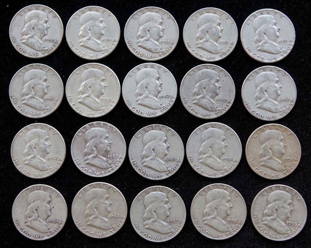 20 Franklin Silver Half Dollars: $10 F.V. 1950 - 1959 - Assorted dates and Mint Marks