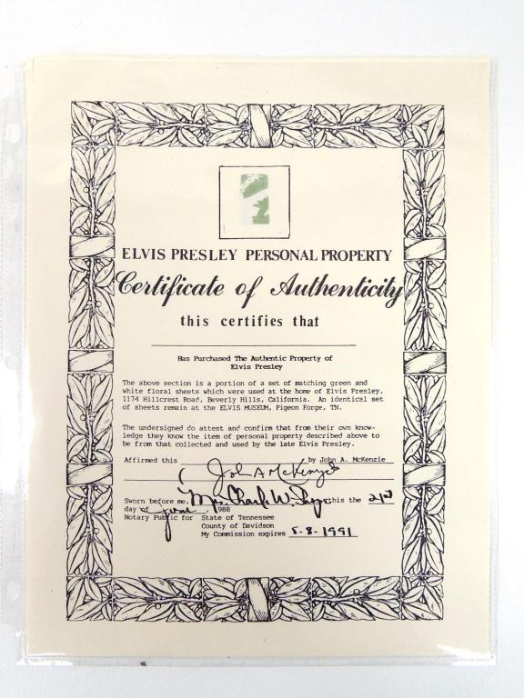 Elvis Presley Sheet Swatch with COA: Elvis Presley Sheet Swatch with COA