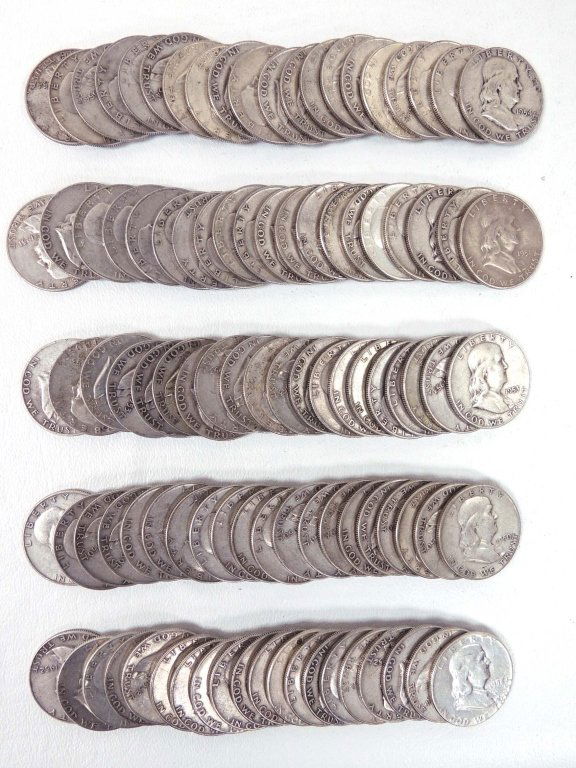 Franklin half dollars (100): 100 Franklin half dollars -- 20 coins each from 1950, 1951, 1952, 1953, and 1954 -- various mint marks. Each coin 90% silver.