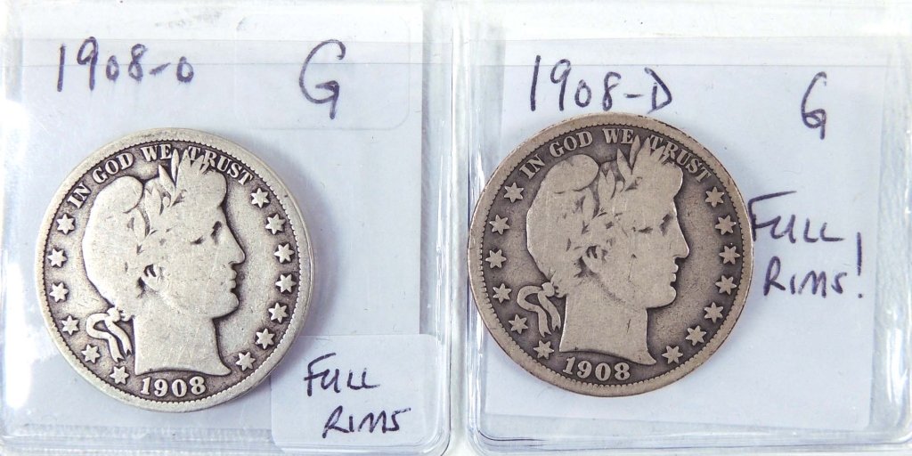 1908-o and 1908-d Barber half dollars (full rims) (2) (1 of 2)