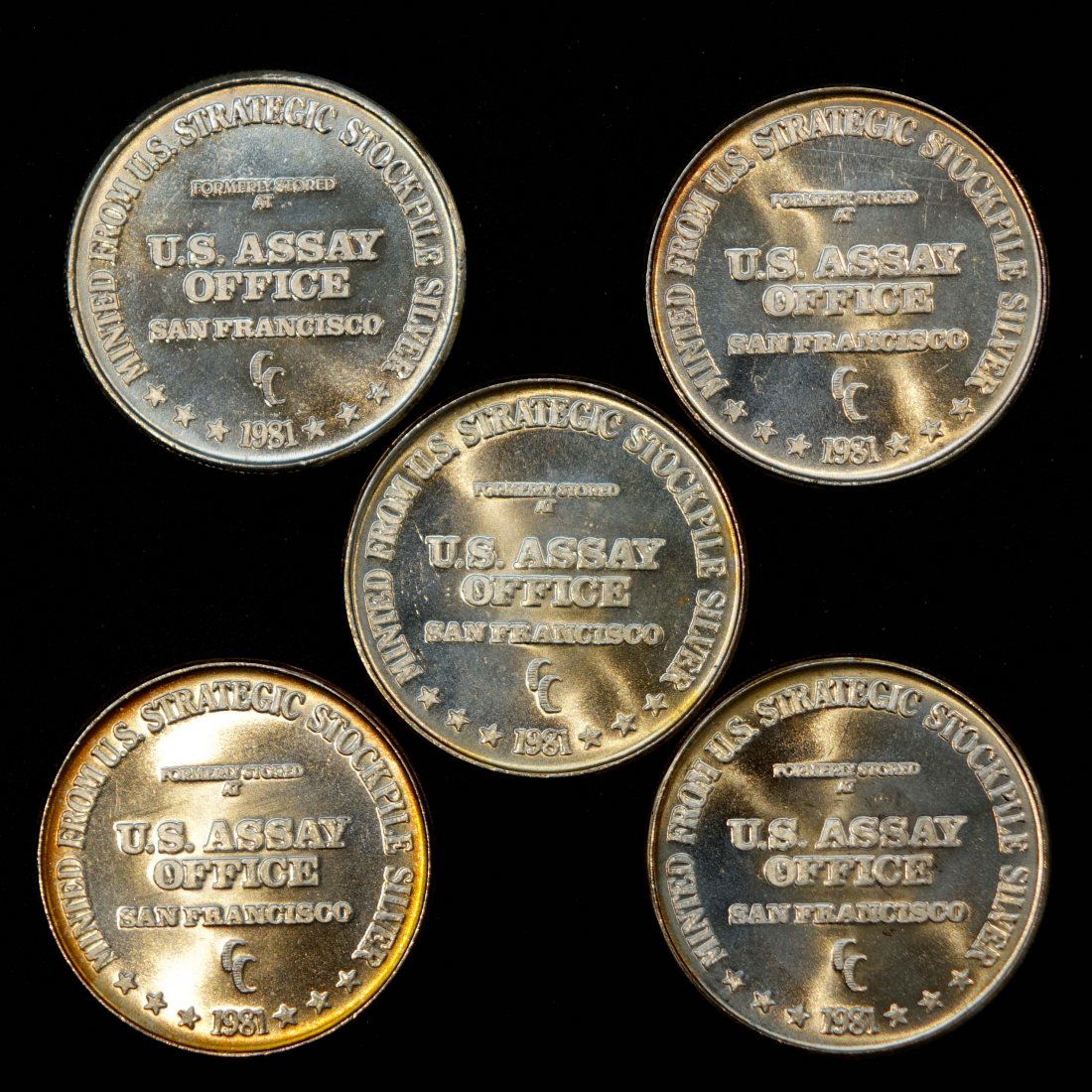 Five - 1981 U.S. Assay 1 ozt Silver Rounds (5) (1 of 2)