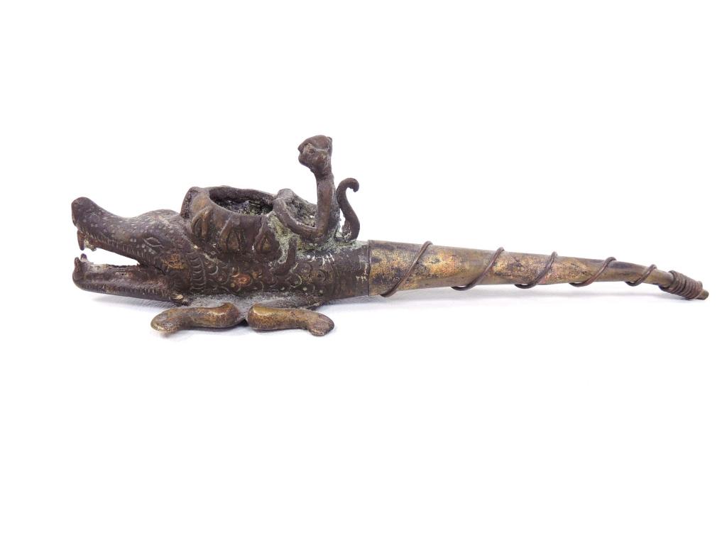 Crocodile Pipe - Myanmar: Metal, may be bronze. Monkey riding crocodile. 6.75". Burma / India.