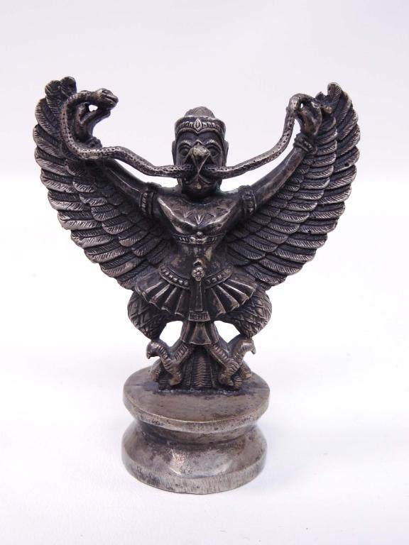 Garuda Metal Statue, Silver color metal.: 4 1/2" tall, 3 7/8" wide. Nepal, Tibet