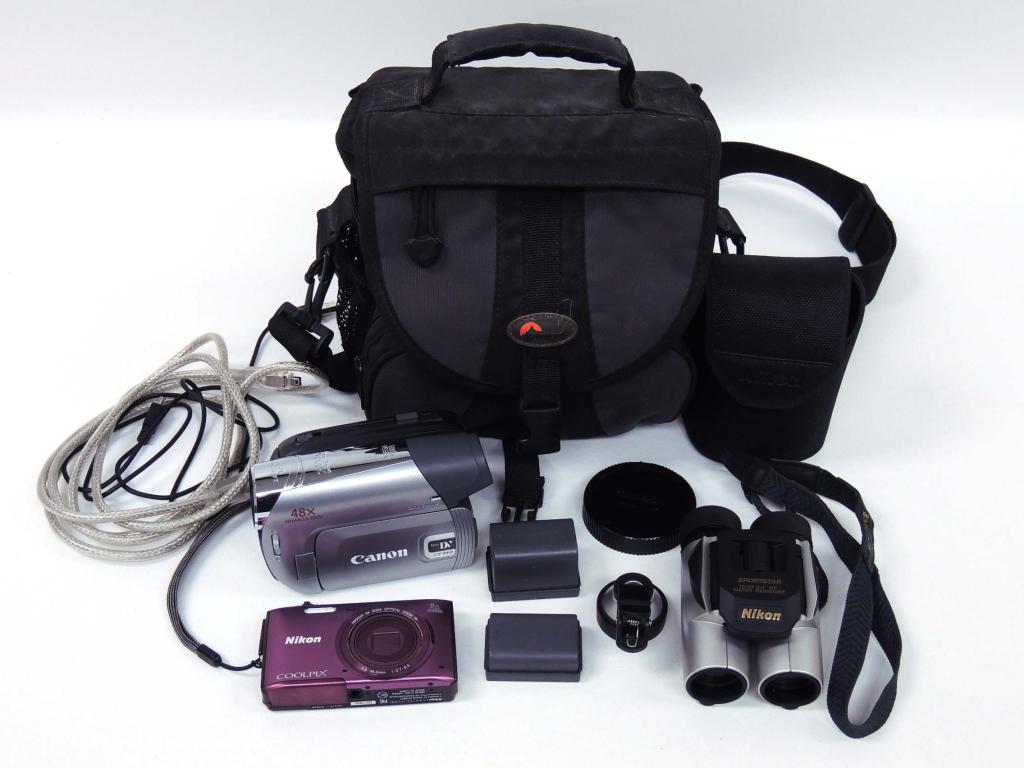 Camera/Binoculars Lot: Canon Mini DV 2R950 Digital Video Camera, in camera bag with cable; Nikon Coolpix Digital Camera 4.5-36mm 1:3.7-6.6; Clip-On Digital Camera/Phone Lens; Nikon Binoculars (BH 104320) in case.