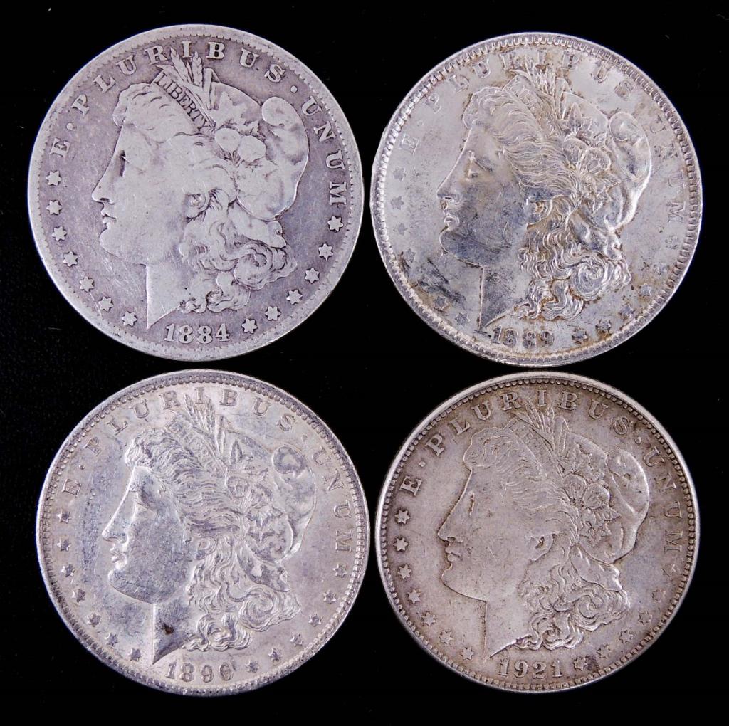 Morgan silver dollars (4): 4 Morgan silver dollars: 1884 (Philadelphia mint), 1889 (Philadelphia mint), 1896 (Philadelphia mint), 1921-s. 90% silver.