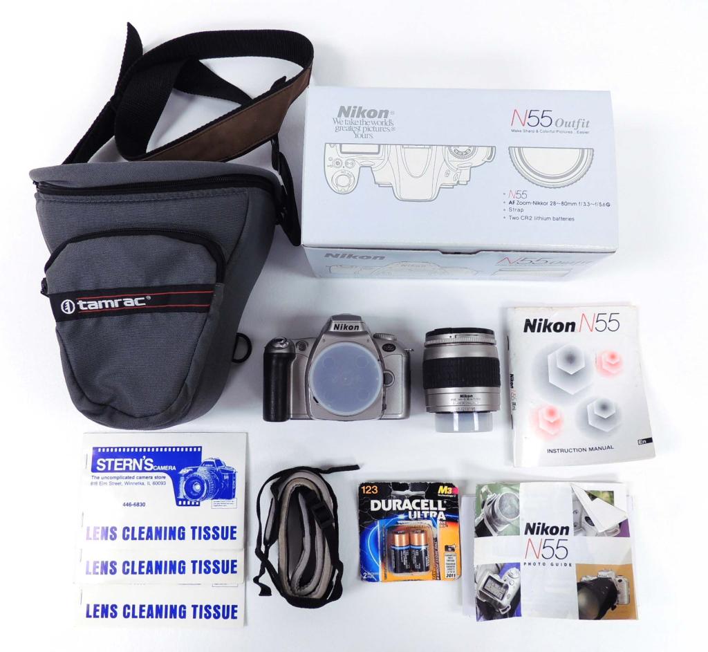Nikon N55 Outfit 35mm Camera & 28-80mm Lens: Nikon N55 and Nikkor 28-80mm f 3.3-5.6 Lens in box with batteries and strap. With Tamrac camera bag.