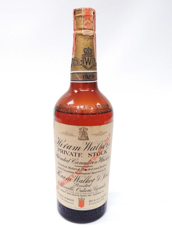Hiram Walker's Private Stock 10 Year Old Whisky: Made in 1929, Bottled in 1939. 90.4 Proof. 4/5 Qt. Sealed. Shoulder fill. Illinois Series N. 50 cents per gallon Tax Stamp.