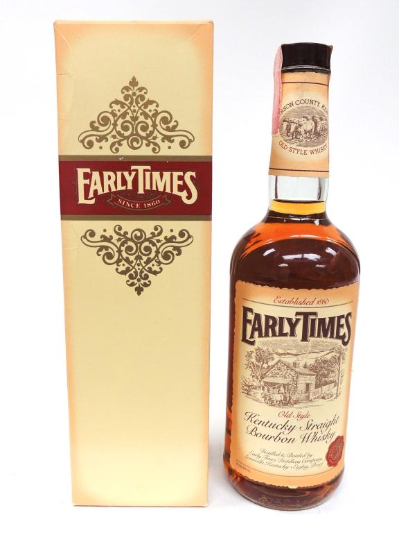 Early Times Old Style KY Straight Bourbon Whiskey: Bottle - 36 Months old. 80 Proof. With Box. Likely 1984.