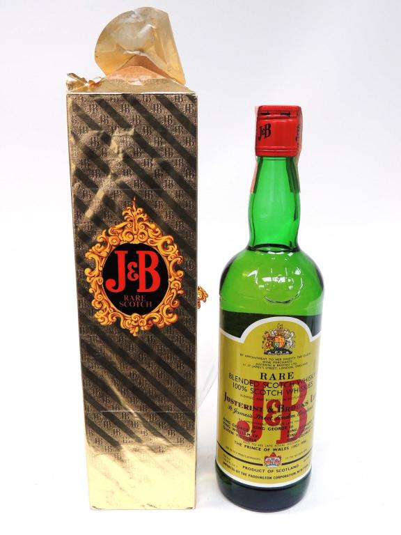 Bottle - J&B Rare Scotch: Bottle - J&B Rare Scotch. Bottle sealed. 86 proof, 750 ml in gold foil box.