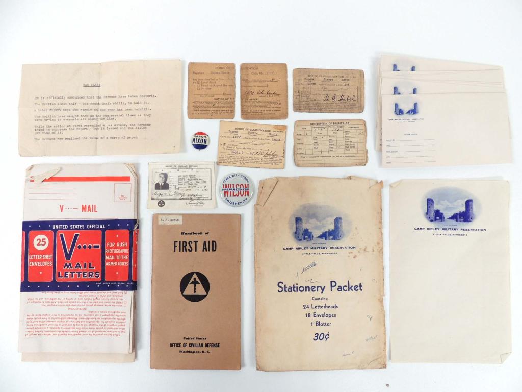 WWII-Era Ephemera: Camp Riley Stationery Packet, ID Cards, Civil Defense Book, V mail letter envelopes, typed joke.