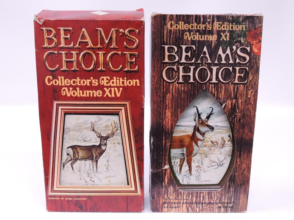 2 Beam's Choice Sealed Decanters in boxes: Volume 11 and Volume 14. James Lockhart Decanters. In boxes