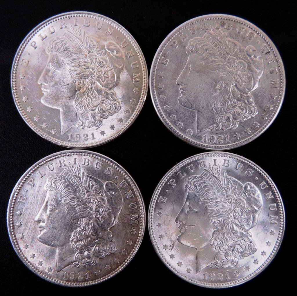 4 Morgan Silver Dollars: 1921 (x3); and 1921-s. Nice condition.