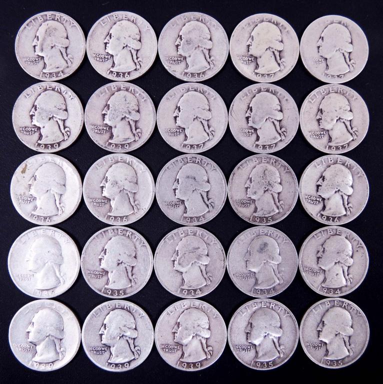 1934-1939 Washington Silver Quarters (25) (1 of 2)