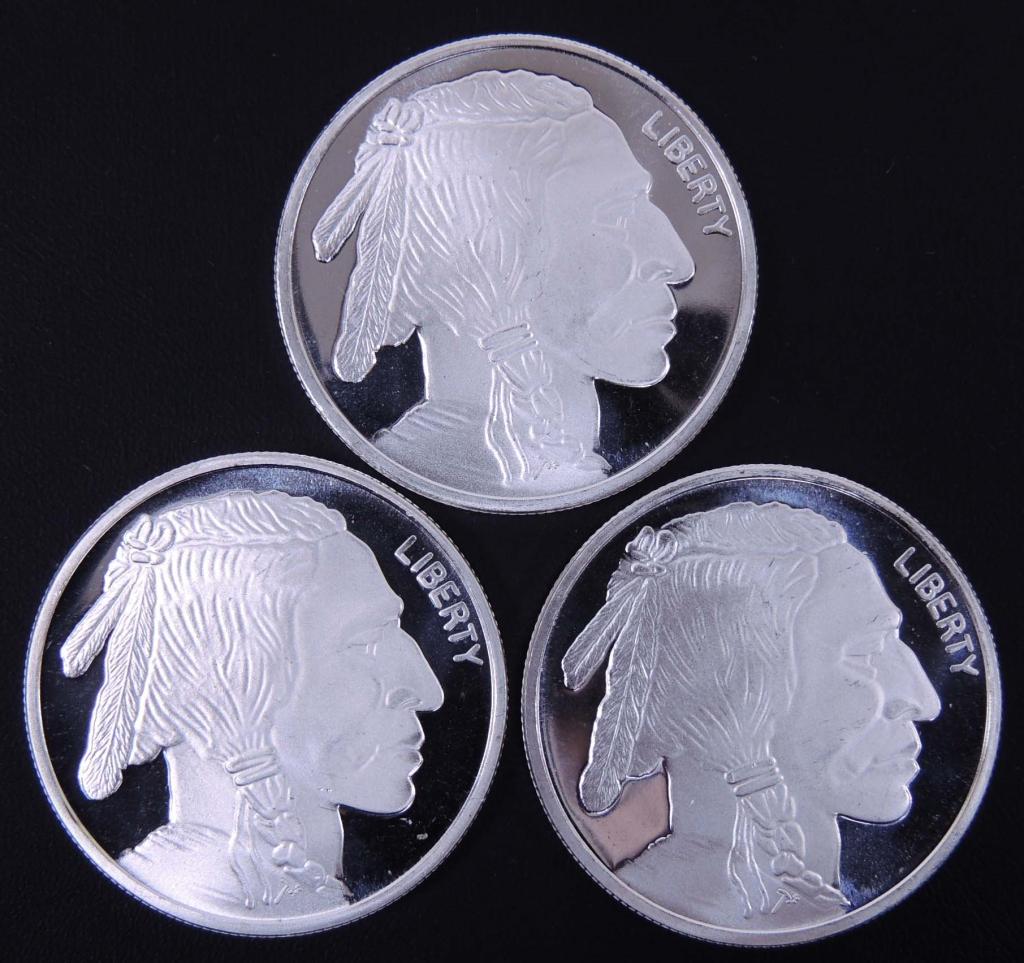 1 ozt. .999 fine silver rounds (3): 3 Buffalo/Native American 1 troy ounce rounds of 0.999 fine silver.