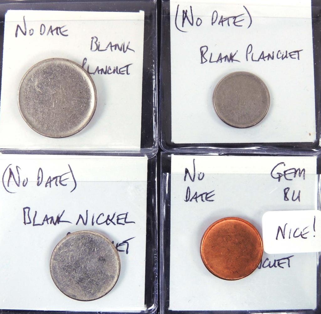 Set of 4 blank planchets: Set of four blank planchets: penny, nickel, dime, and quarter.