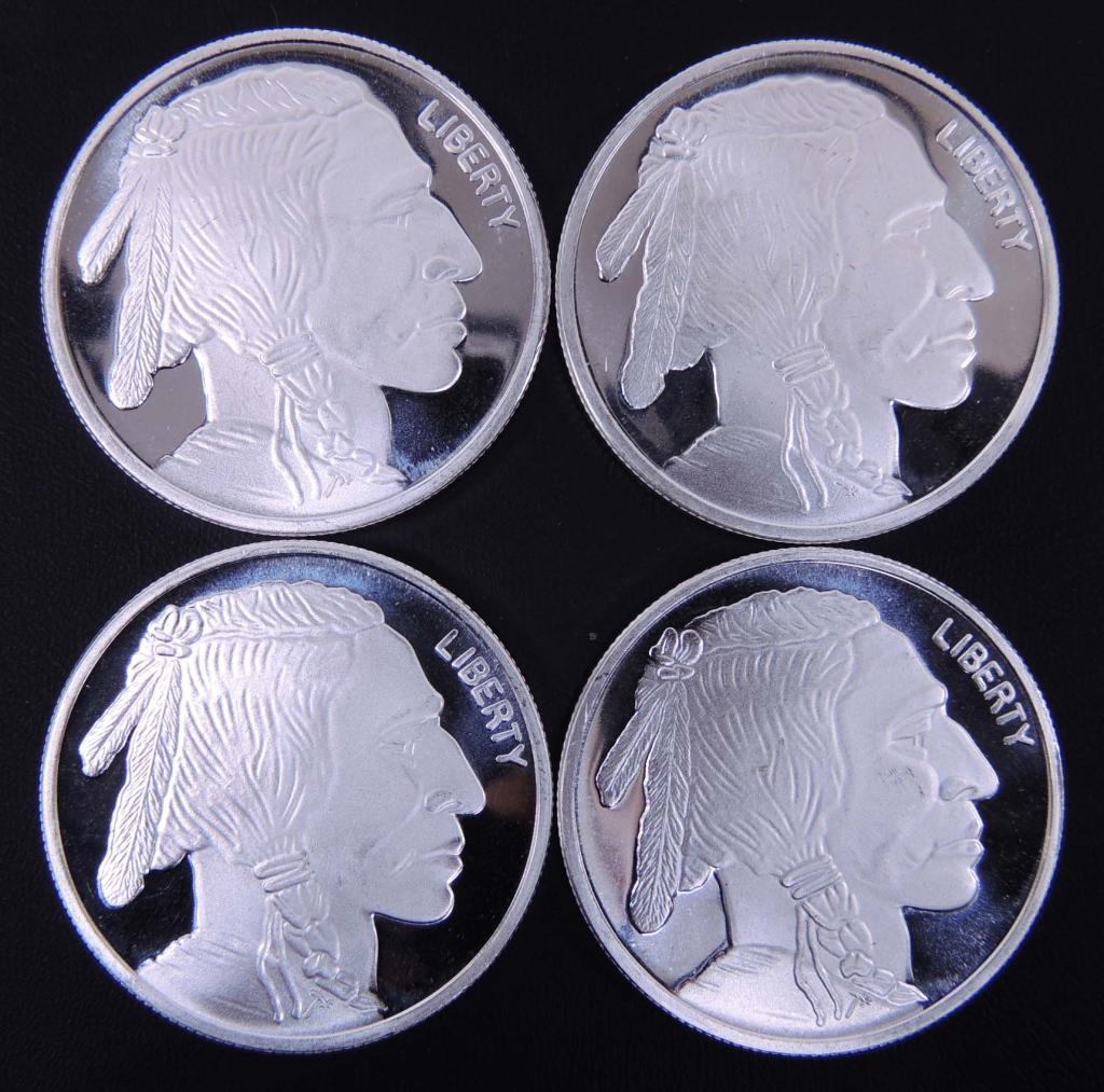 1 ozt. .999 Fine Silver Rounds (4): 4 Buffalo/Native American silver rounds. Each is 1 troy ounce of 0.999 fine silver.