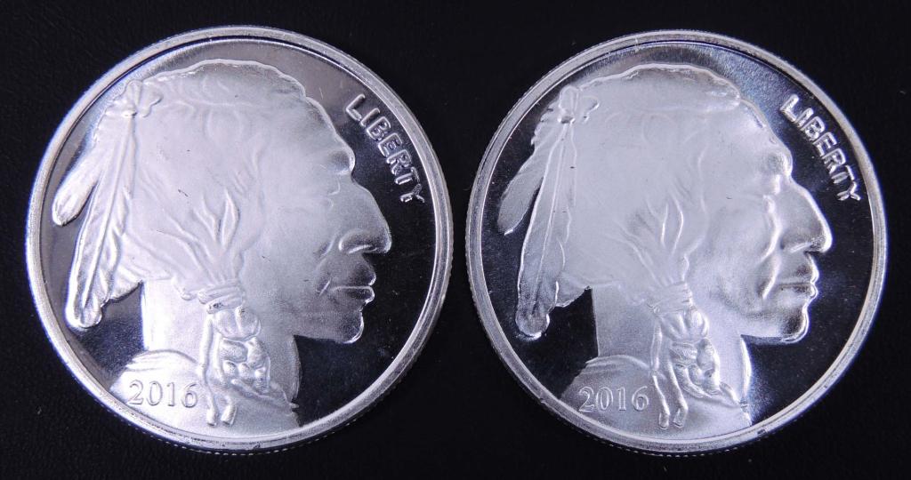 1 ozt. .999 fine silver rounds (2): 2 Buffalo/Native American silver rounds. Each round is 1 troy ounce of 0.999 fine sliver.