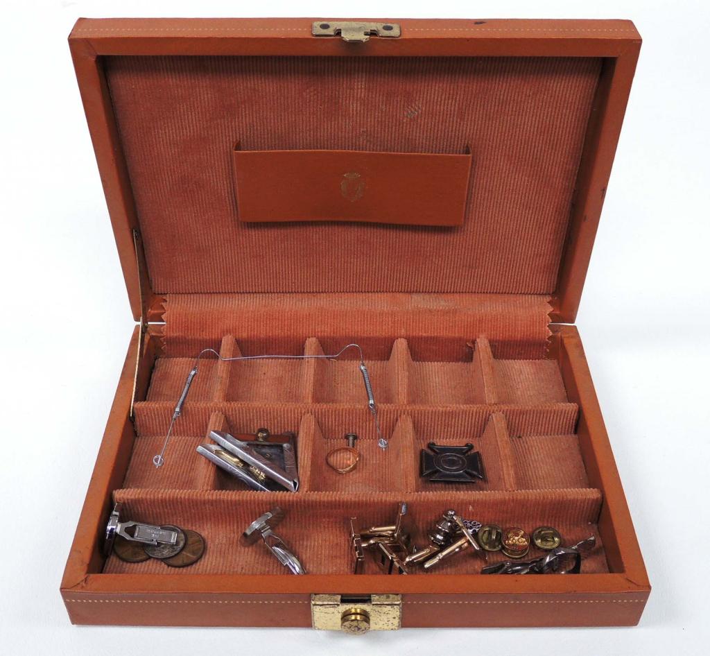 Men's Jewelry Assortment: Includes small sterling ring and tie pin, boy scout pins, cufflinks. Also in the box are 2 wheat cents and a mercury dime.