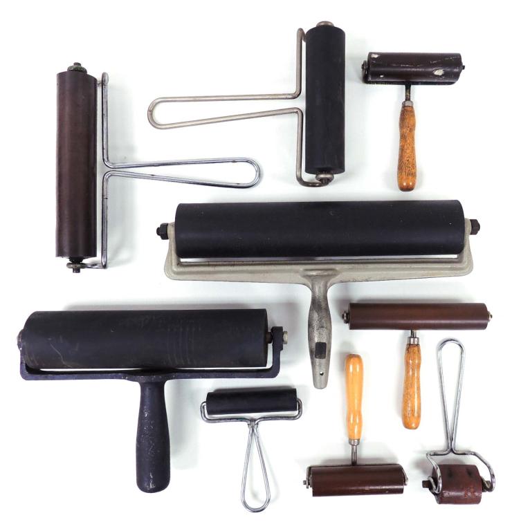 8 Printer's Ink Brayers: Including Cast Iron 10" roller, 11" Holder Brayer