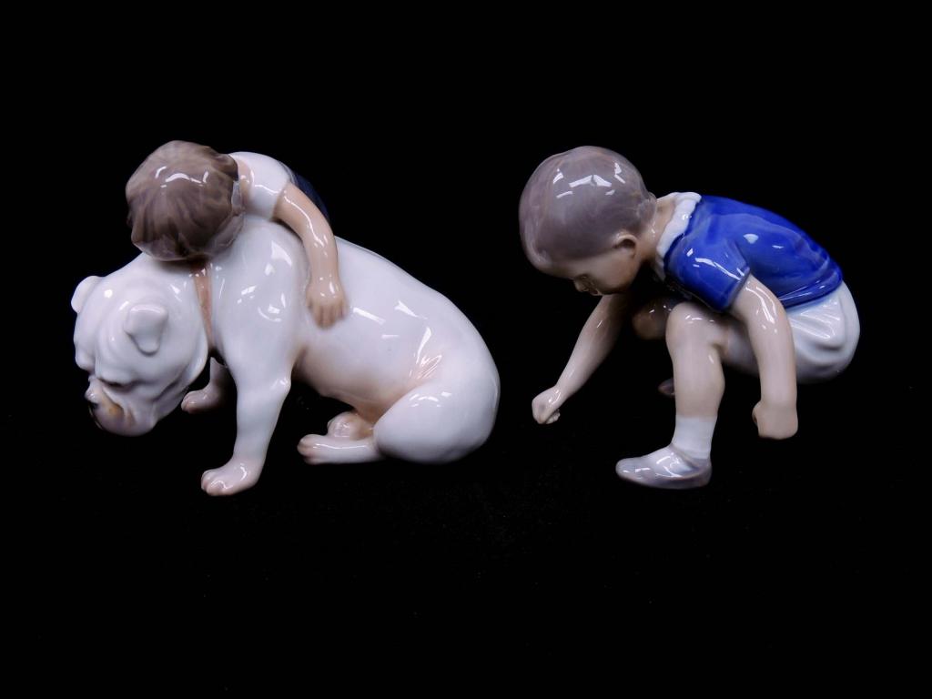 2 B & G Child Glazed Porcelain Figurines: Bing and Grondahl - Dickie Boy Squatting Down (1636) and Boy with Bulldog (1790) .
